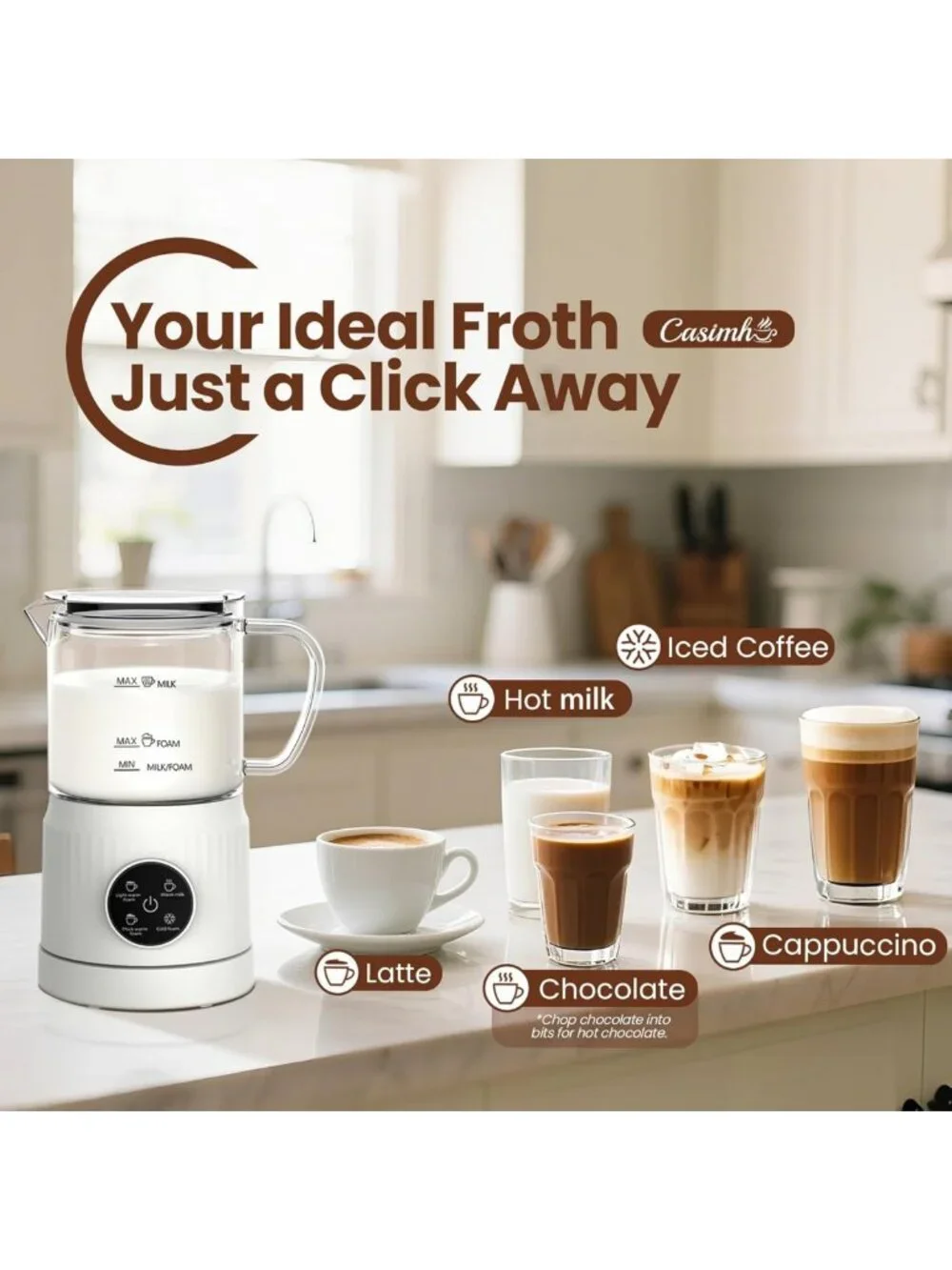 4-in-1 Electric Milk Frother & Steamer for Creamy Lattes, LED Touch Screen